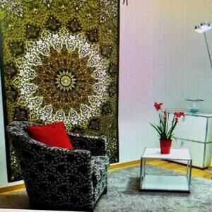 Green Cotton Screen Printed Tie Dye Tapestry Wall Hanging 82” L x 52” wide.